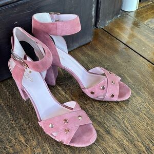 Kate Spade Rose Pink Suede Ankle Strap Block Heels with Gold Studs